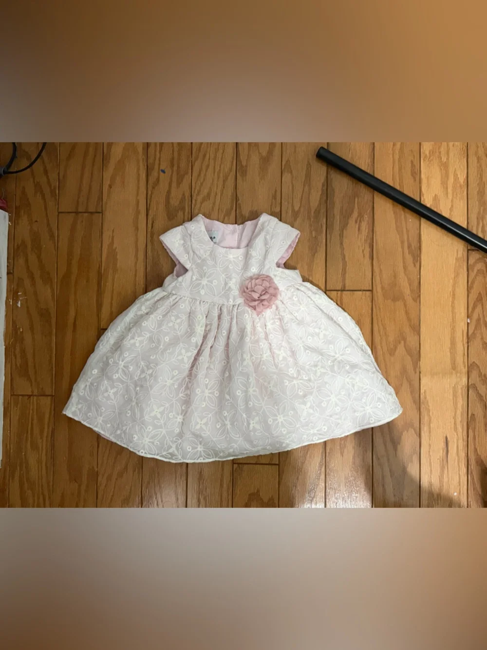 Pink Floral Embroidered Baby Dress with Flower Applique